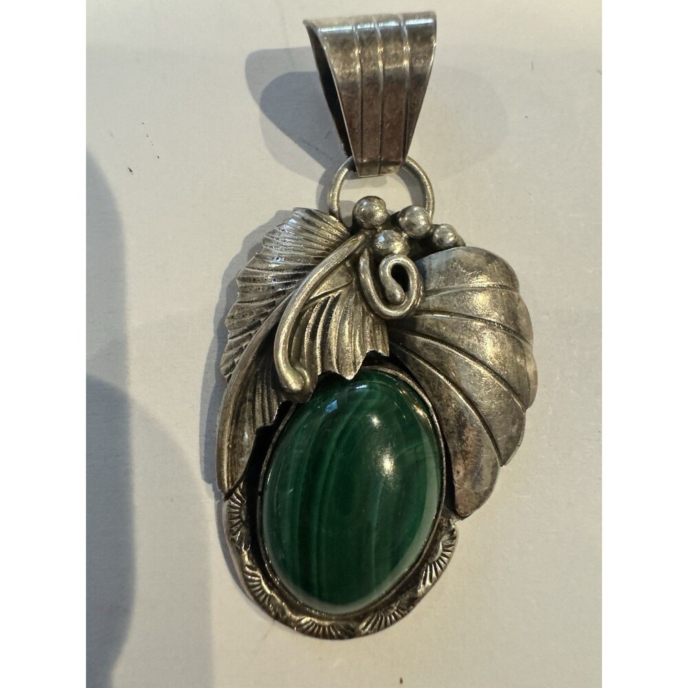 Vintage SS Signed Artist EJ Green Malachite Leaf Design 2 In 10.29g See Desc